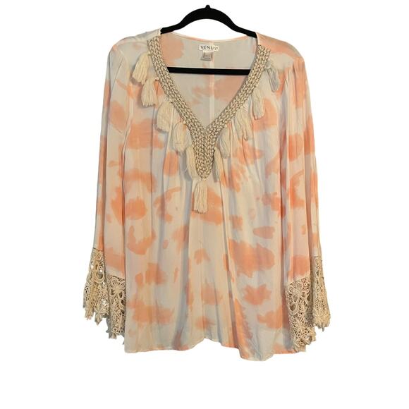 VENUS White Peach Tassel Embroidered Tunic Beach Cover Up Top Sz XL Resortwear - Picture 1 of 8